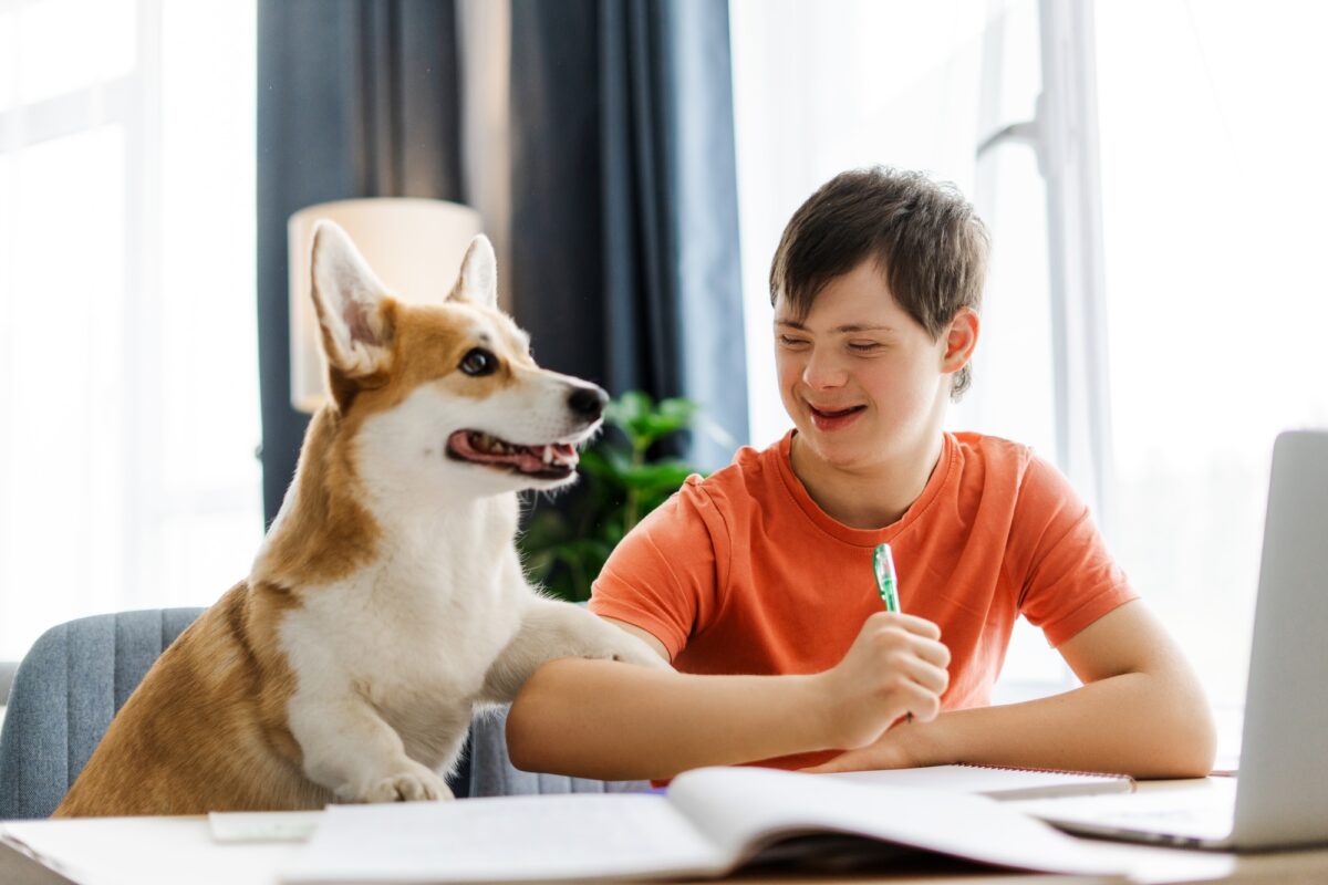Chien de thérapie, garçon atteint du syndrome de Down faisant ses devoirs avec le chien