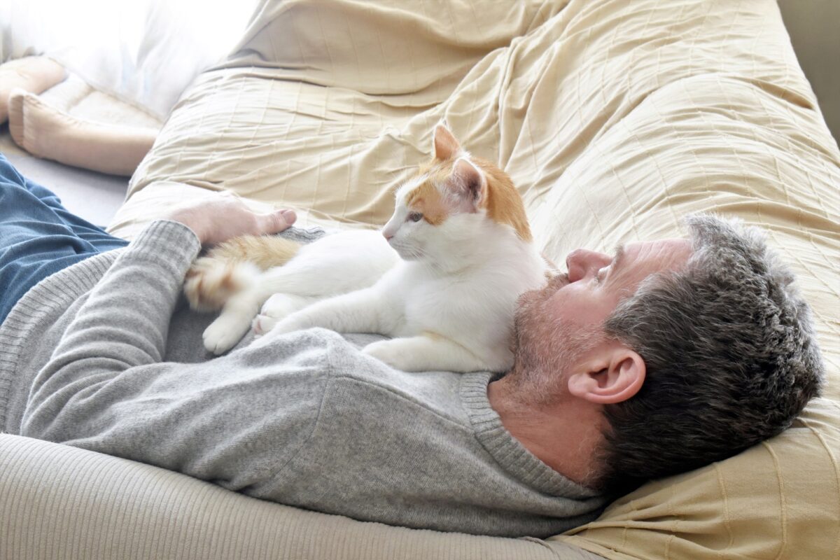 Cat laying on owner's chest. Unconditional love between cat and human concept.