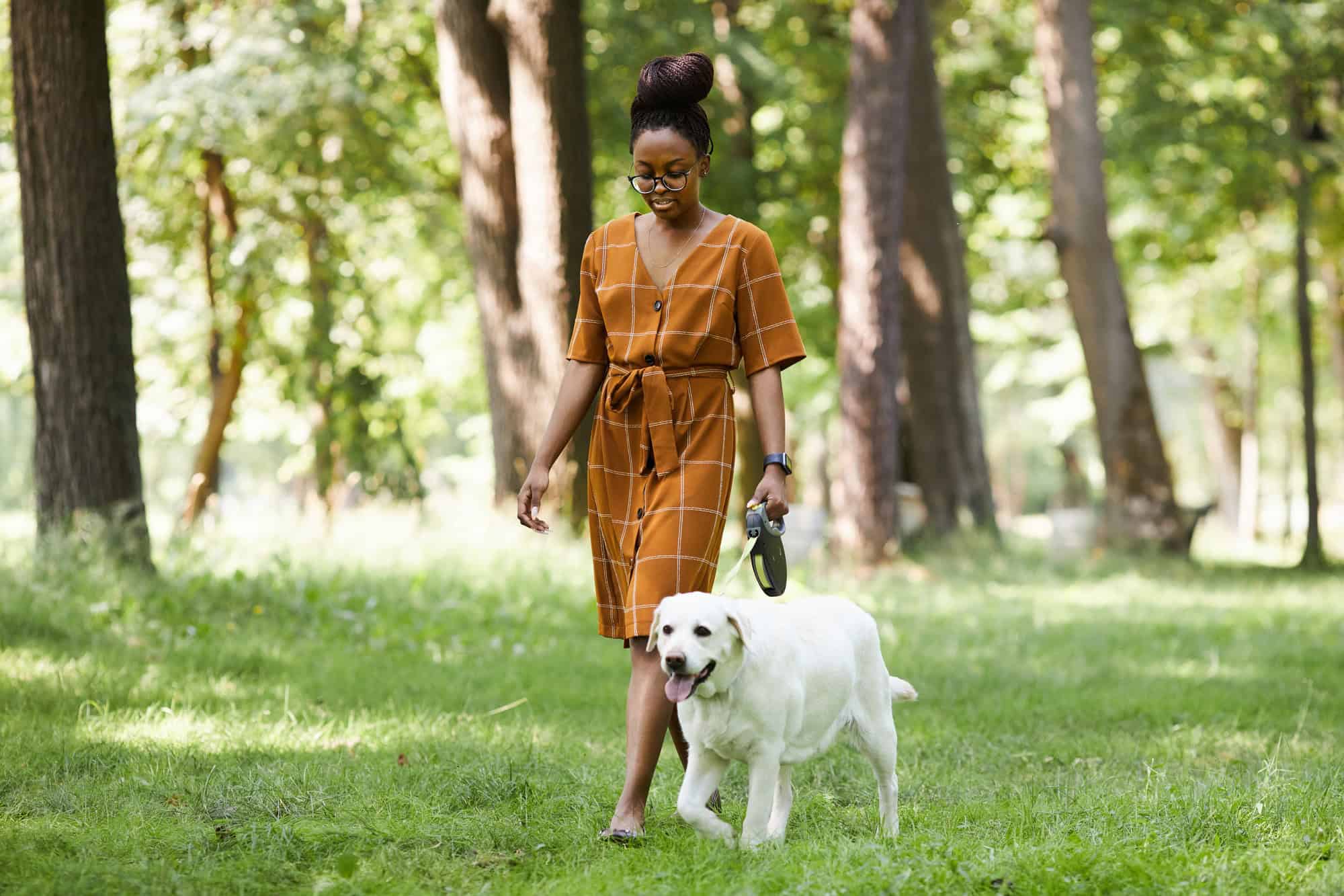 Jeune femme afro-américaine marchant avec un chien