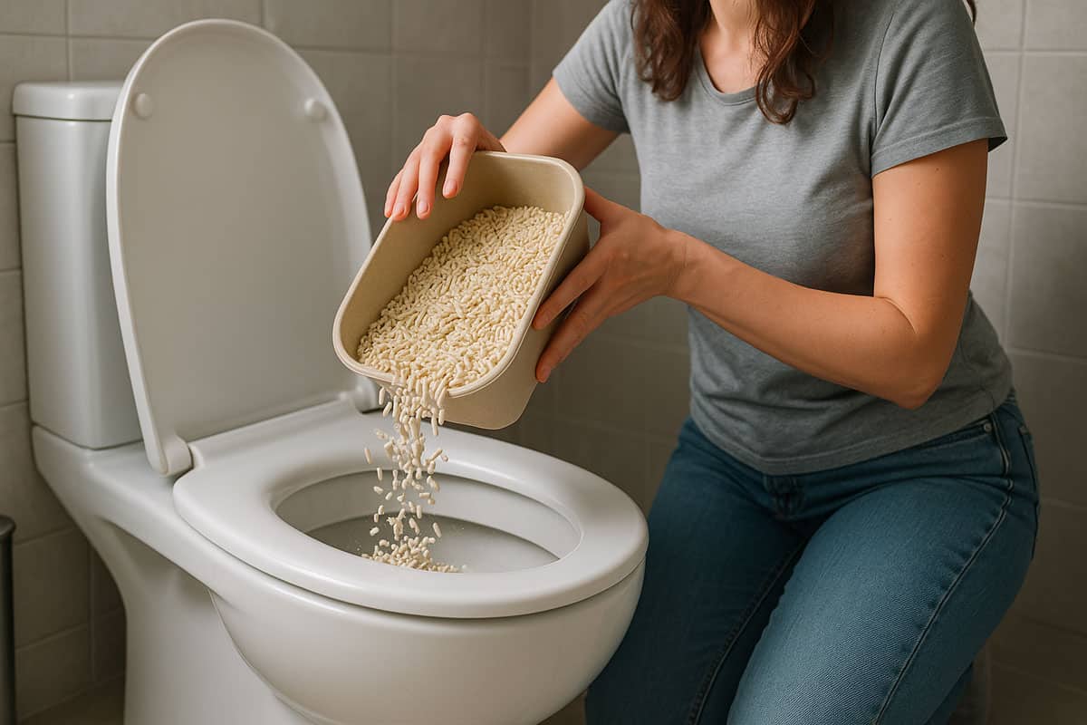 Femme versant de la litière de Tofu dans la cuvette des WC