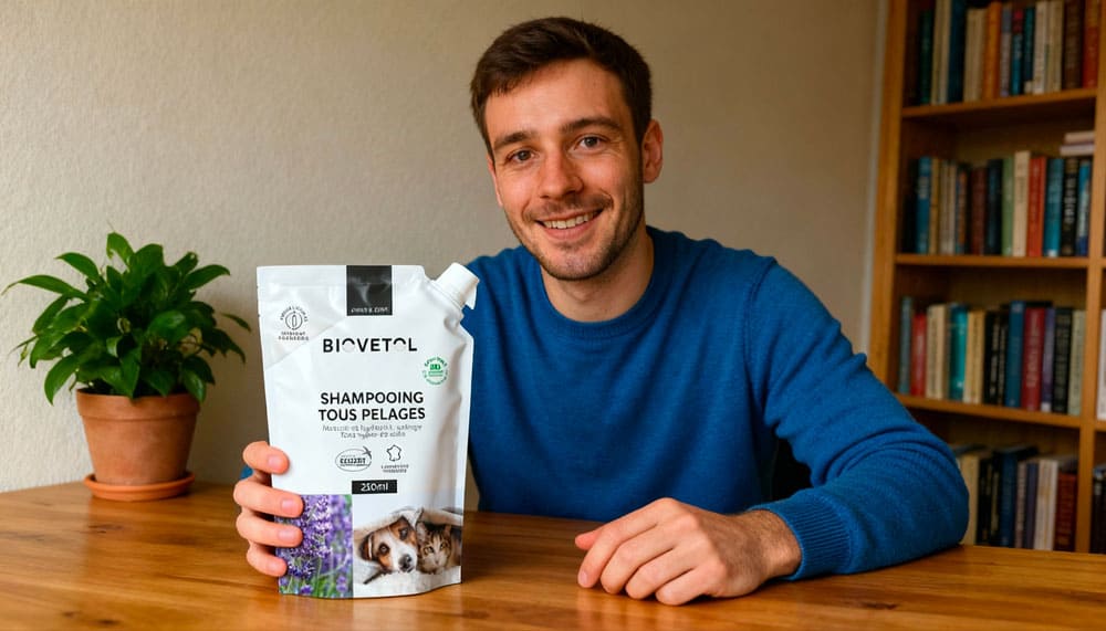Thierry présente l'éco-recharge de shampooing tous pelage