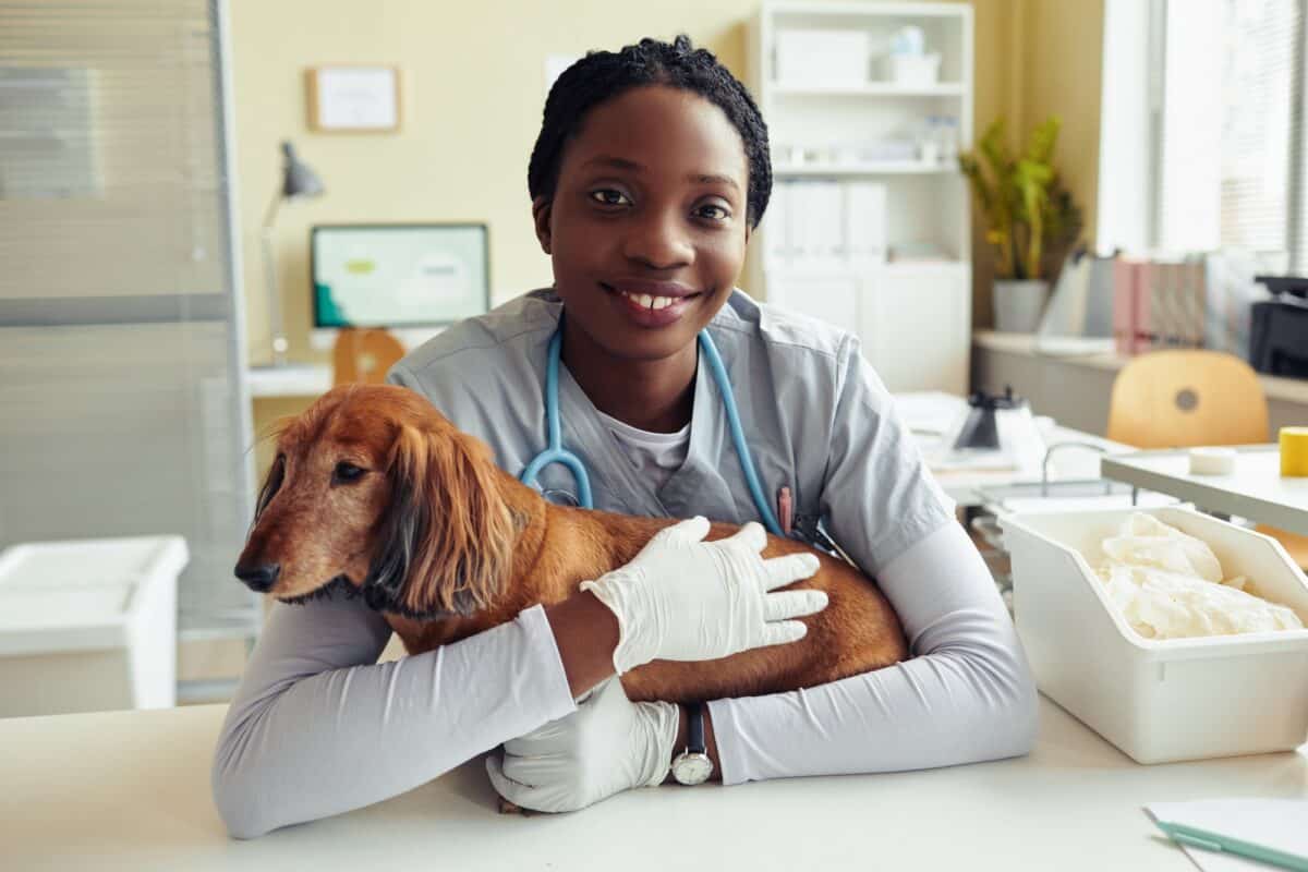 Smiling Veterinarian with Dog in Vet Clinic